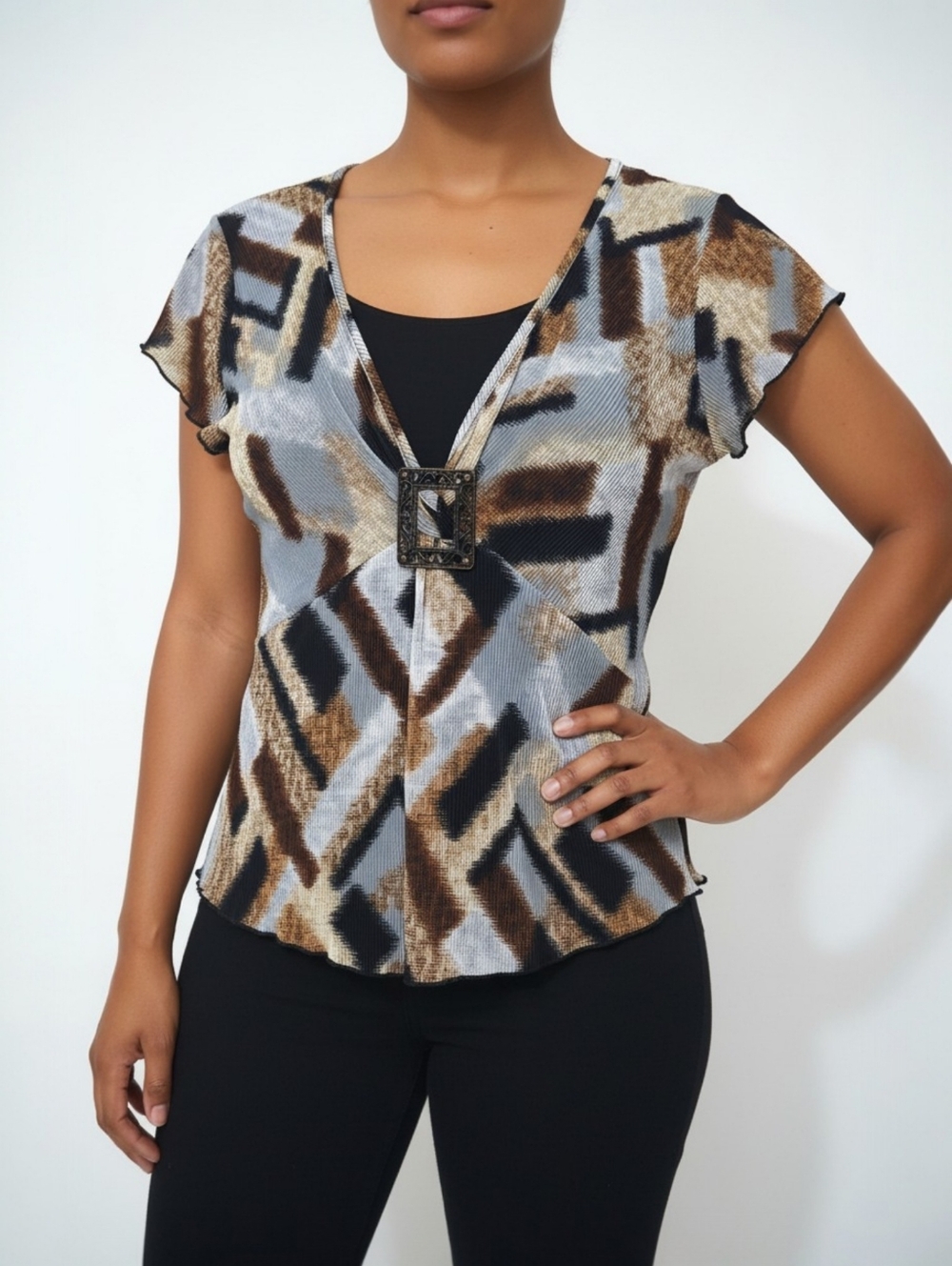 Vtg Brittany Black Y2K Plissé Buckle Top Petite Large USA Empire Waist Babydoll